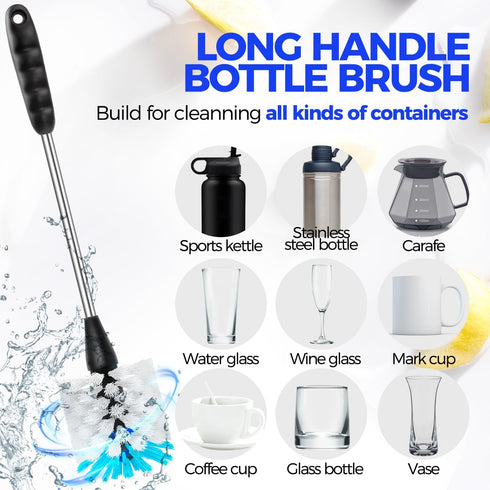 Holikme Bottle Brush Cleaner Set, 14" Long Handle Stainless Steel Bottle Cleaner Brush, 3 Straw Cleaner Brush, Bottle Cleaning Brush for Water Bottle, Cups, Baby Bottle, Straws White by Holikme