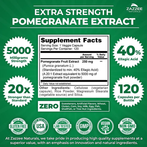 Zazzee Extra Strength Pomegranate 20:1 Extract, 5000 mg Strength, 120 Vegan Capsules, Non-GMO
