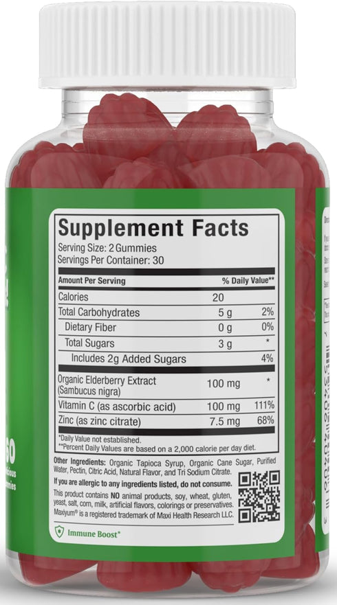 Elderberry Zinc Gummies, Organic Sambucus with Zinc and Vitamin C, Vegan Immune Support for Adults and Kids