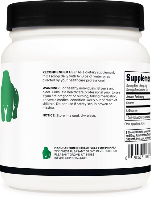 Primal L-Glutamine Powder (500 Grams, 100 Servings) | Pure Unflavored Glutamine Amino Acid for Sport & Workout Support