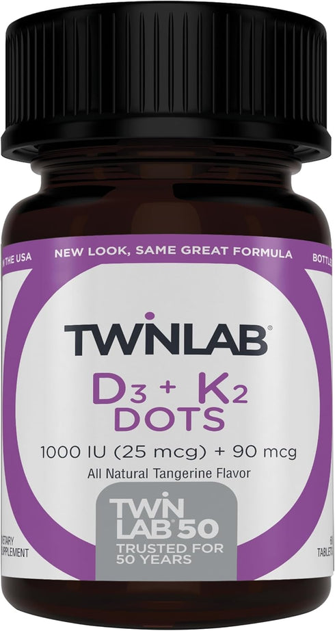 Twinlab Vitamin D3 1000 + K2 Dots - 25 mcg, 60 Tablets for Bone & Heart Health, Immune Support