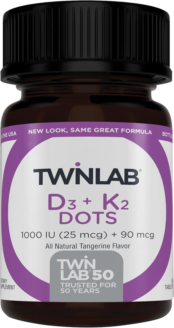 Twinlab Vitamin D3 1000 + K2 Dots - 25 mcg, 60 Tablets for Bone & Heart Health, Immune Support