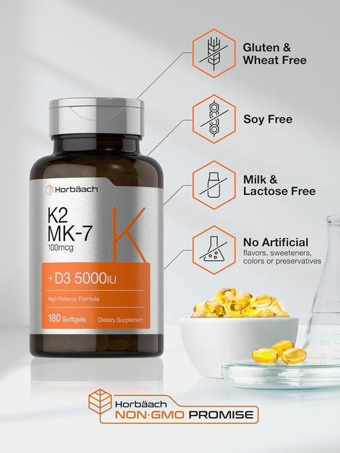 Horbaach Vitamin D3 K2, 5000iu of Vitamin D & 100mcg MK-7 Complex, 180 Softgel Capsules