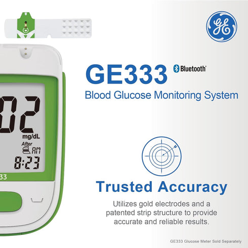 GE333TS Blood Glucose Test Strips, 50-Count Pack, Gold Electrodes, Patented Test Strip Structure