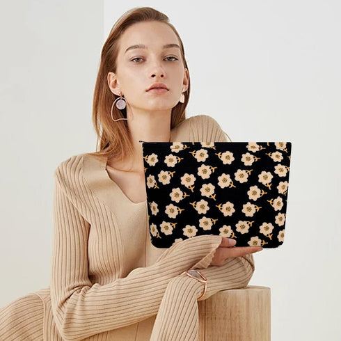 Preppy Cute Corduroy Makeup Bag, Cosmetic Bag for Women Travel Essentials (Flower Black)