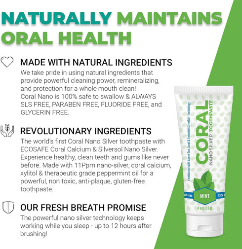 Coral Nano Silver Mint Toothpaste - Natural Fluoride Free Teeth Whitening, 4 Ounces