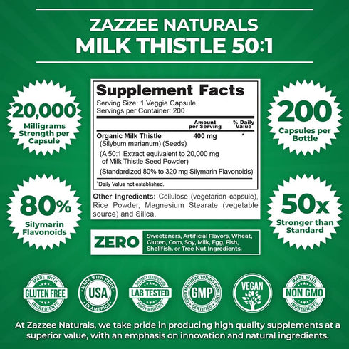 Zazzee Organic Milk Thistle 50:1 Extract, 20,000 mg Strength, 200 Vegan Capsules, 80% Silymarin Flavonoids, Non-GMO