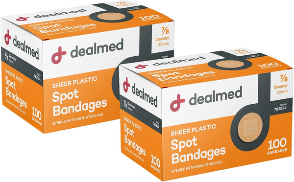 Dealmed Sheer Plastic Spot Bandages - 7/8” Small Round Sterile Strips - 100 per Box (2 Pack)