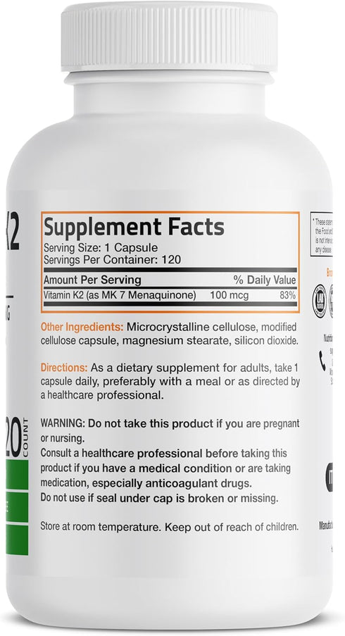 Bronson Vitamin K2 as MK-7 Menaquinone 100 mcg Non-GMO, 120 Capsules