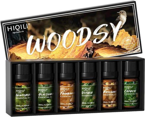 HIQILI 100% Pure Woodsy Essential Oil Set, 6x10ml, Cedarwood, Wintergreen, Frankincense, Vetiver, Rosewood, Cypress -