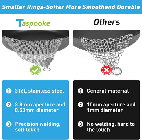 Cast Iron Scrubber, 4''x4'' 316L Stainless Steel Fine Mesh Scraper for Pre-Seasoned Pot, Dutch Oven, Skillet