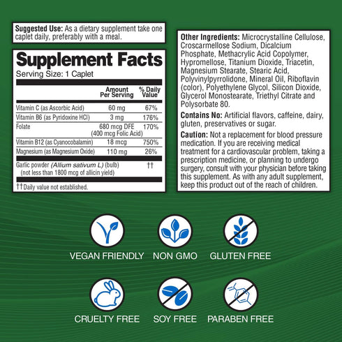 Garlique Garlic Extract Supplement, Healthy Blood Pressure Formula, Odorless & Vegan, 60 Caplets