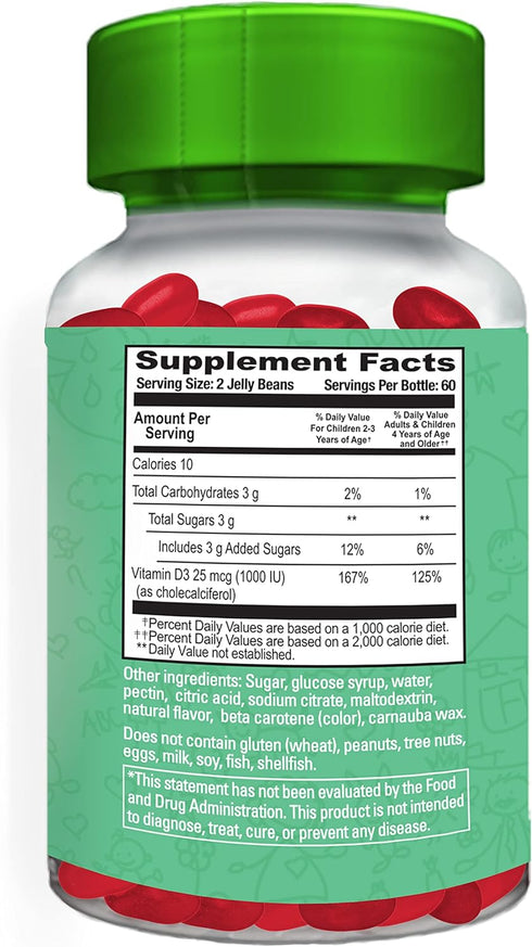 Vitamin D3 Jelly Bean Gummies for Kids, 120 Strawberry Blast Jelly Beans - 25mcg/1000 IU Nutritional Vegetarian