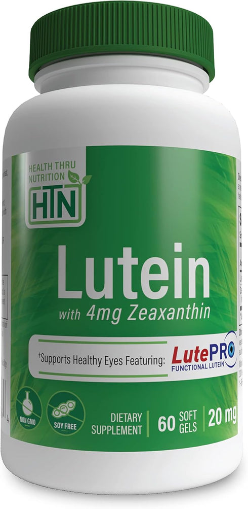 Health Thru Nutrition Lutein 20mg with Zeaxanthin 4mg, Supports Healthy Eye, Skin and Brain Function, Non-GMO
