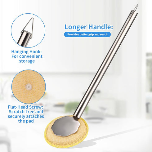 TOFAIRONM Kitchen Scrub Brush with Handle, Non-Scratch Extra Strong Cleaning Brush for Wok, Cast Iron, Pans, Oven
