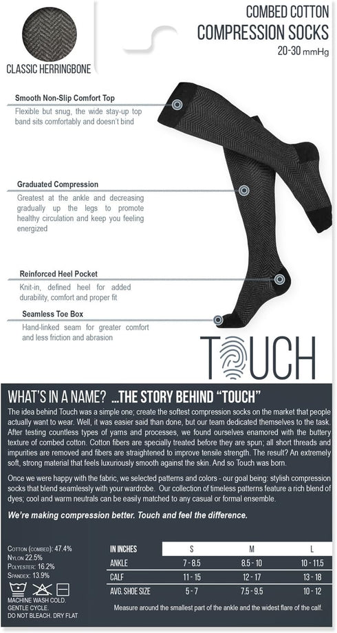 TOUCH Compression 20-30 mmHg Cotton Socks for Women, Black Herringbone, Medium