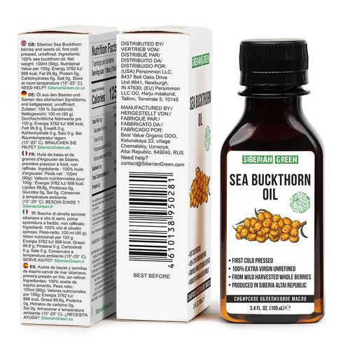 Siberian Sea Buckthorn Oil, 100% Natural Extra Virgin Cold Pressed, 100 ml / 3.4 fl oz, Unrefined Vegan Healthy Diet