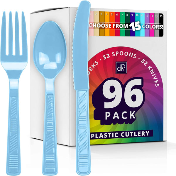 DecorRack Plastic Cutlery Set, Light Blue Colored Plastic Silverware Sets for Parties, 96 Piece Bulk Heavy Duty Utensils