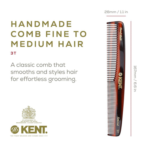 Kent 3T 6.5 Inch Double Tooth Hair Dressing Comb, Fine and Wide Tooth Dresser Comb For Hair, Beard and Mustache, Coarse and Fine Hair Styling Grooming Comb for Men, Women and Kids. Made in England