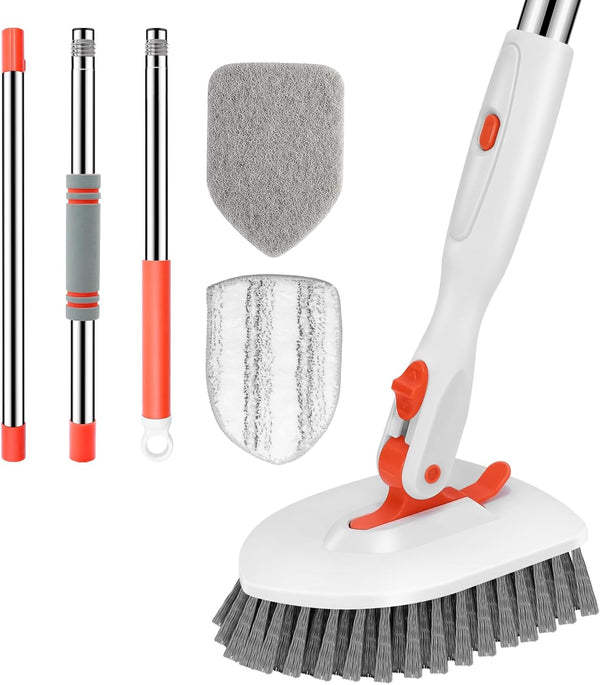SetSail Floor Scrub Brush, 3-In-1 Tile Tub Floor Scrubber with 52-inch Adjustable Long Handle and 3 Detachable Brush