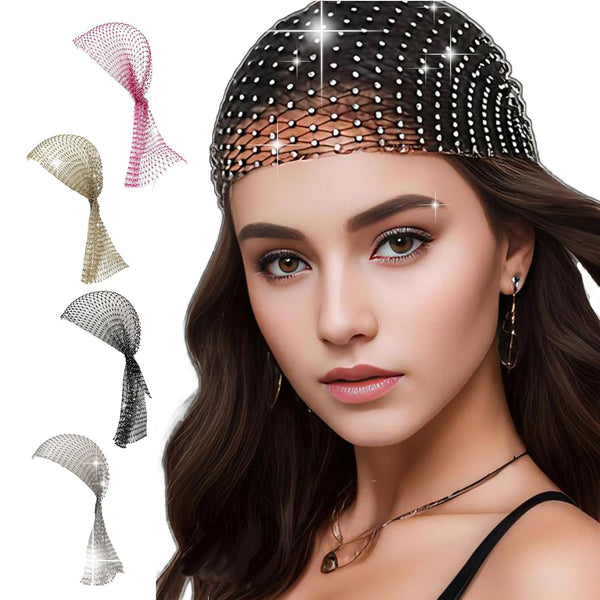 Rhinestone Head Scarf for Women - Bling Sparkle Hair Cap, Rave Turban Headband with Crystal Mesh Snood