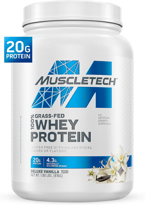 MuscleTech Grass Fed Whey Protein Powder - 20g Protein + 4.3g BCAA Deluxe Vanilla, 1.8 lbs - Hormone Free, Non-GMO,