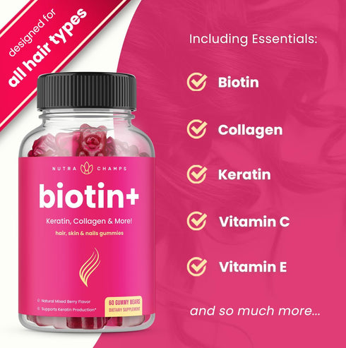 Hair Skin & Nails Gummies | Biotin with Collagen & Keratin | 5000mcg Biotin Beauty Complex | Vitamin Supplement | Berry | 120 Count for Women & Men | Healthy Hair, Radiant Skin & Strong Nails