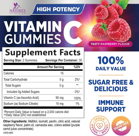 Zero Sugar Vitamin C Gummies - Immune Support & Antioxidant Dietary Supplement, Raspberry Flavor, 60 Count