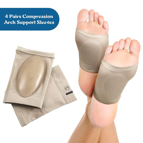 4 Pairs Compression Arch Support Sleeves with Gel Pad for Flat Foot Pain Relief, Cushioned Gel Foot Sleeves (Beige)