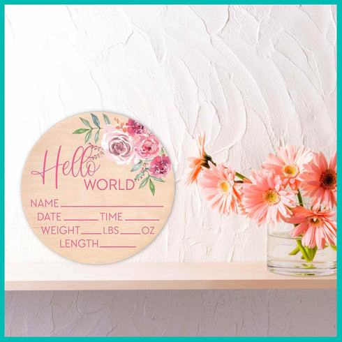 Hello World Sign for Newborn Baby Birth Stat Sign Floral Baby Sign for Hospital Baby Name Sign Pregnancy Announcement