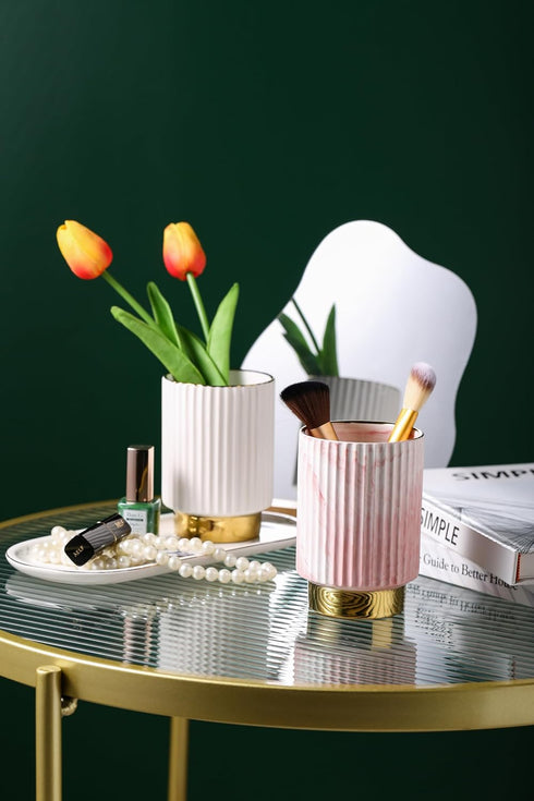 IEEK Pink and Gold Makeup Brush Holder Organizer, Glass Cup for Eyebrow Pencil, European Style