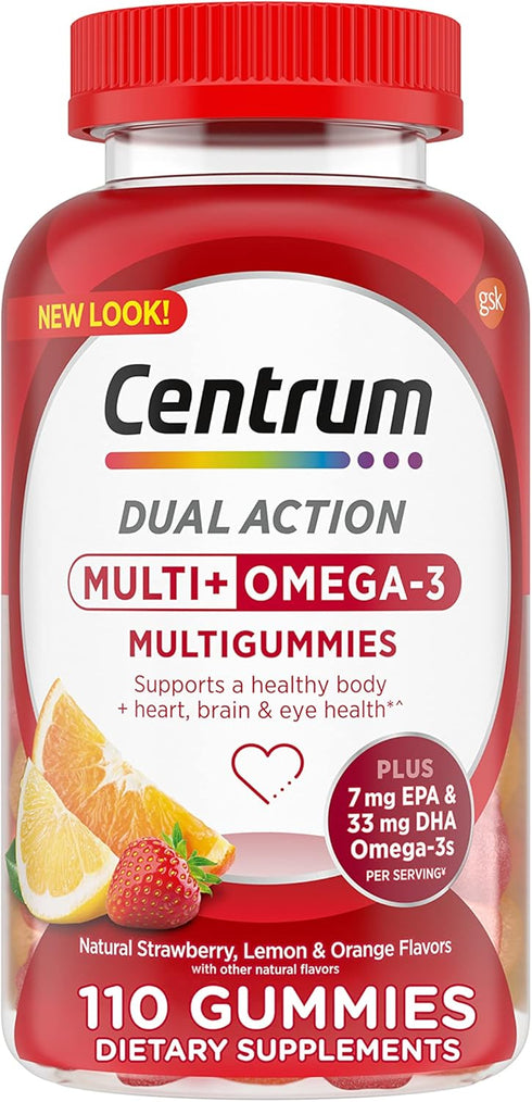 Centrum MultiGummies Multi+ Omega 3 Dual Action, 110 Count, Adult Multivitamin, Strawberry/Lemon/Orange Flavors