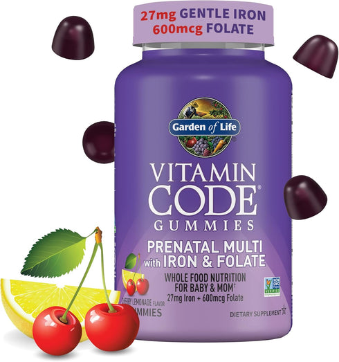 Garden of Life Prenatal Gummy Vitamins for Women, 90 Cherry Lemonade Gummies with Iron & Probiotics