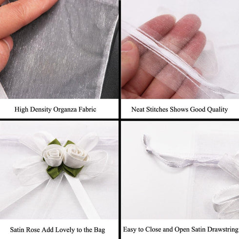 SumDirect Rose Organza Gift Bags, 50 Pcs 4x5 inch White Wedding Favor Bags with Drawstring for Party