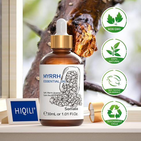 HIQILI Myrrh Essential Oil, 100% Pure & Natural for Skin, Massage, Pain Relief - 1.01 Fl Oz
