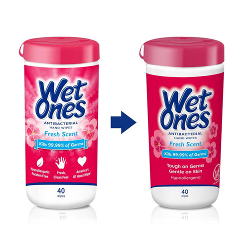 Packaging 40 Count Wet Ones Antibacterial Hand Wipes, Fresh Scent, May Vary, White