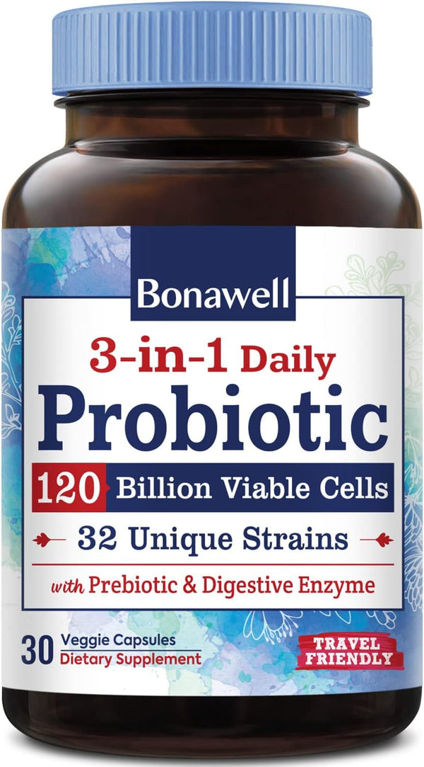 Bonawell Probiotics 120 Billion CFU, 32 Strains with Prebiotics, Digestive Enzymes for Gut Health, 30 Veggie Caps