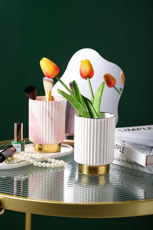 IEEK Glass Makeup Brush Holder Organizer - White and Gold Ceramic Cup for Brushes, Modern Striped Vase