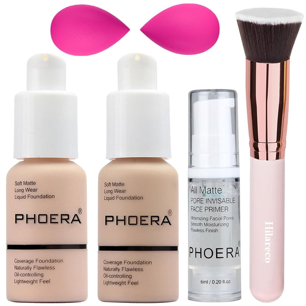 PHOERA Matte Liquid Foundation Full Coverage with Kabuki Makeup Brushes, 101 Porcelain + 102 Nude