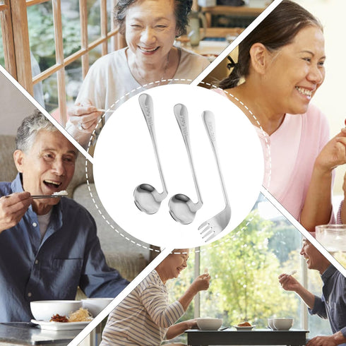 Healvian 3pcs Adaptive Utensils Set, Left Handed Grip Forks and Spoon for Hand Tremors, Built Up Handicap Utensils for
