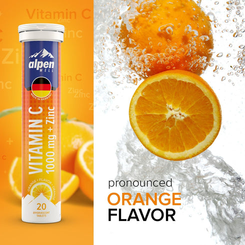 AlpenWell Vitamin C - 1000mg + Zinc - Immune Support Effervescent Vitamin Drink Tablet, Orange Flavor