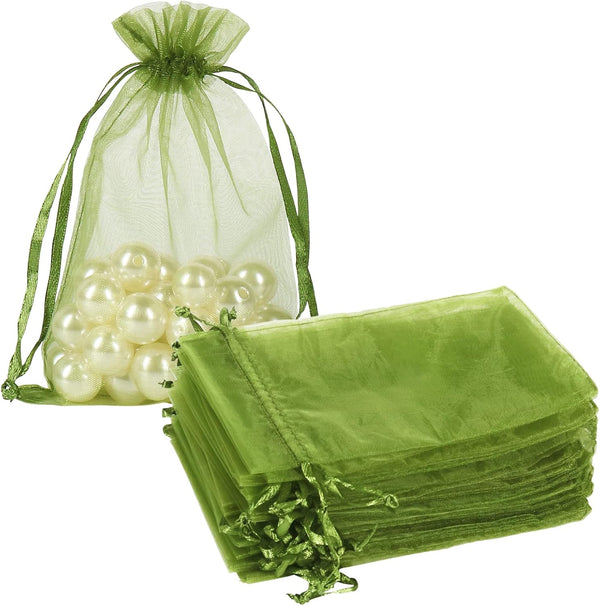 HRX Package 100pcs Olive Green Organza Drawstring Bags - 4 x 6 inch Candy Mesh Gift Bags Jewelry Pouches