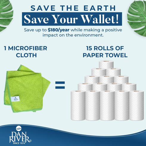 DAN RIVER Microfiber Cleaning Cloth - 12 Pack Economy Bundle, Soft Absorbent Rags for Cars, Glasses, Kitchen