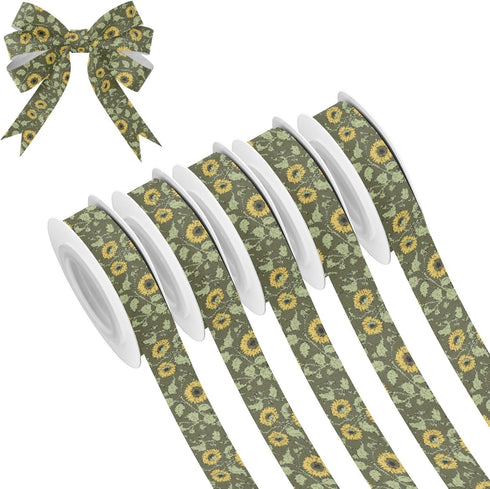 YKZEYK Ribbon for Gift Wrapping Flower Sunflowers Leaves Green Print Fabric Ribbon 1/2"
