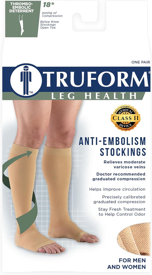 Truform Surgical Stockings, 18 mmHg Compression, Knee High, Open Toe, White, Medium