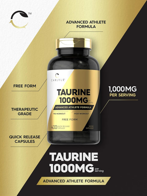 Carlyle Taurine 1000mg Capsules - 400 Count, Free Form, Non-GMO, Gluten Free Supplement