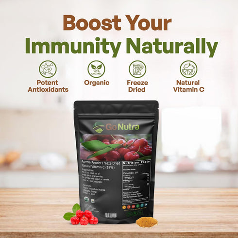 Go Nutra Organic Acerola Powder - Freeze Dried 18% Vitamin C Powder from Brazil - 8oz