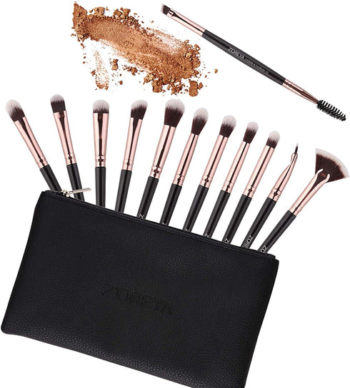 Z'OREYA 12 Pcs Professional Eye Makeup Brushes Set, Eyeshadow, Eyebrow, Blending, Fan, with Carrying Bag, Black