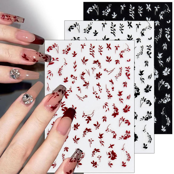 3D Nail Stickers, Plant Leaf Nail Art for Retro Botanical Designs, Flower Nail Decals for Spring Summer Nail Decor