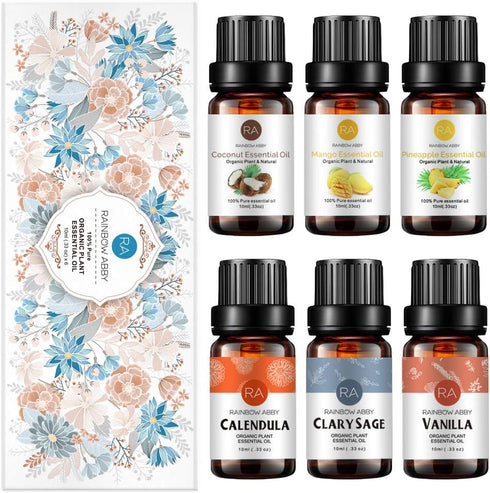 RAINBOW ABBY 6-Pack Orangic 100% Pure Essential Oil Set (Vanilla, Coconut, Mango, Pineapple, Clary Sage, Calendula) 6x10ML